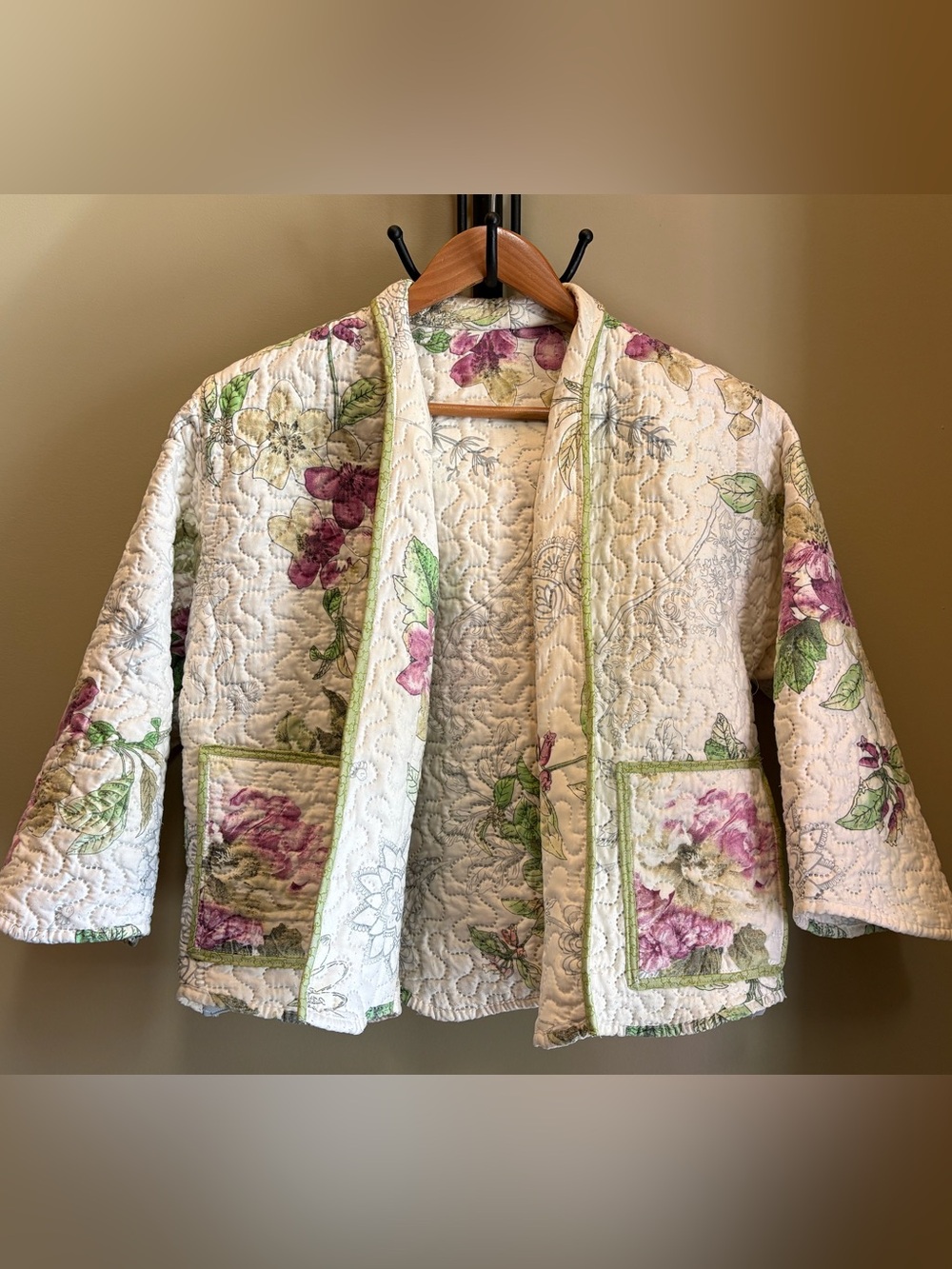Handmade Vintage Floral Quilted Crop Open Front Jacket - Long Collar